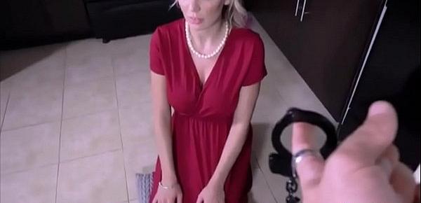 Blonde stepmoms hands are tied and she is ready to suck